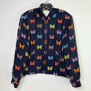 DONCASTER Vintage 90s Y2K Silk Feel Butterfly Novelty Print Navy Zip Jacket M